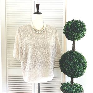ELODIE ANTHRO Taupe Beige Lace Short Sleeve Crop Top Blouse